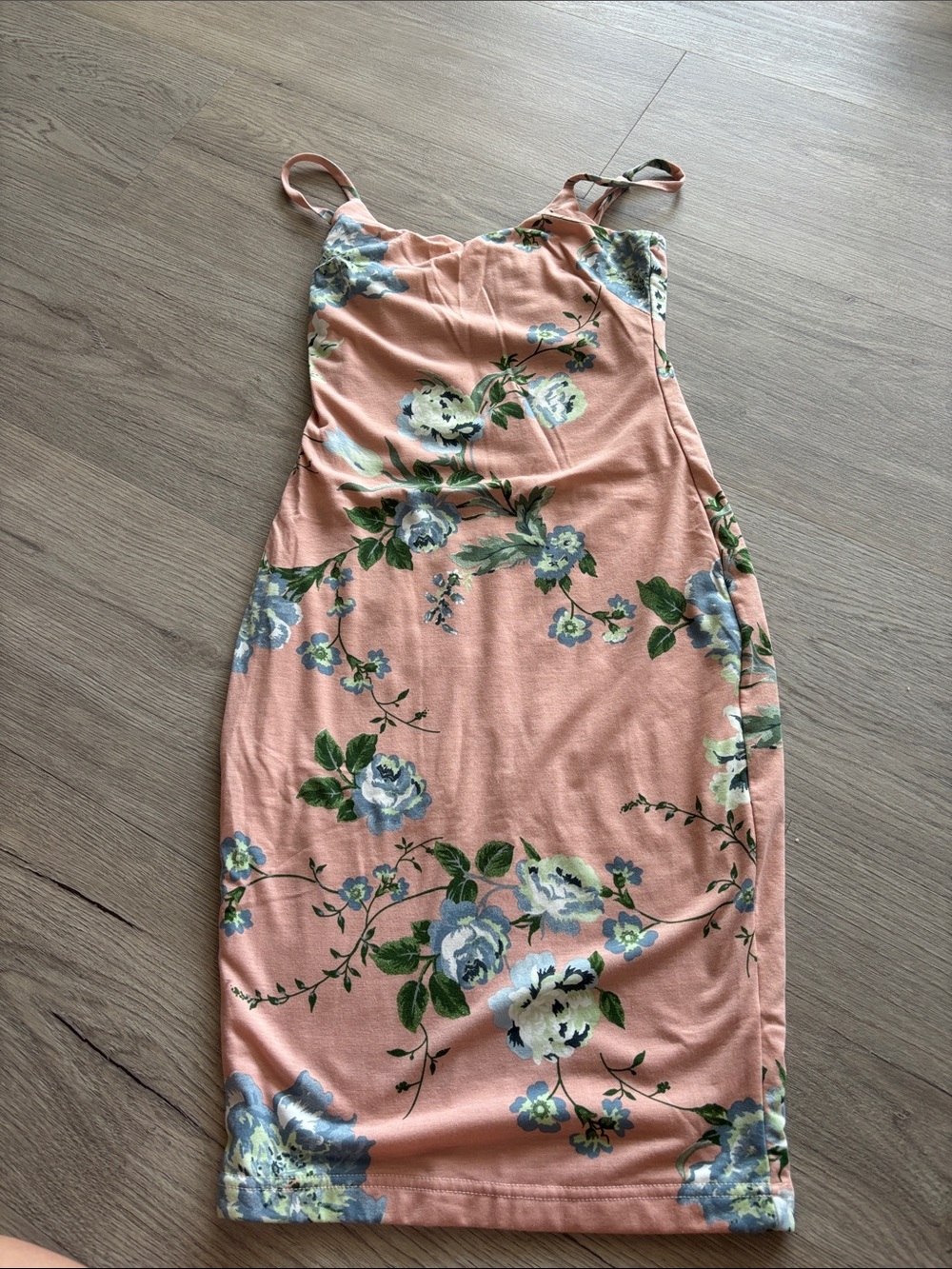 JLUXLABEL Peach Floral Bodycon Midi Dress with Blue-Green Blooms